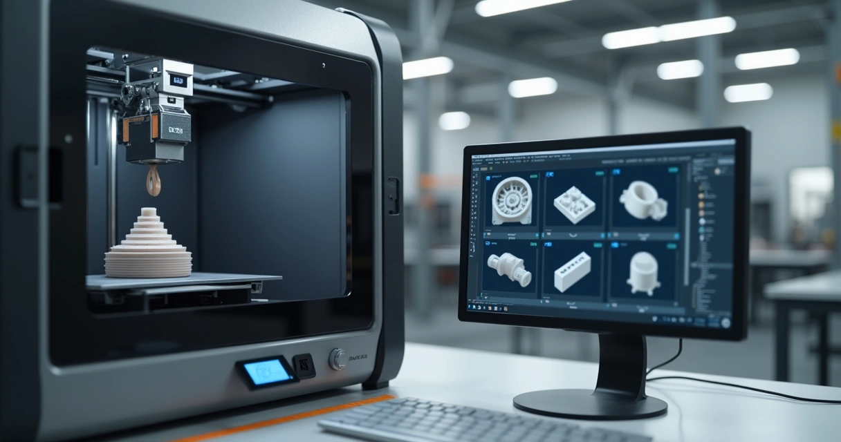 Impressora 3D fabricando peça de reposição industrial