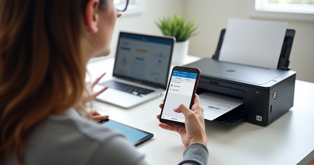 Pessoa imprimindo via aplicativo do smartphone ao lado de impressora wifi 