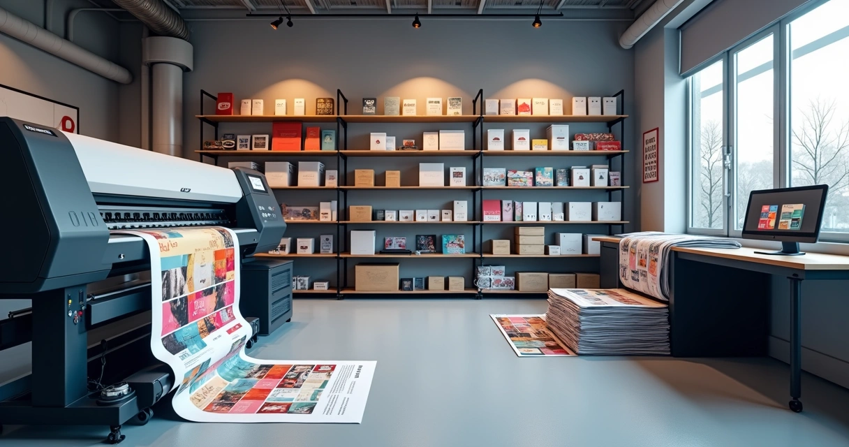 Mesa de impressão com impressora digital e máquina offset ao fundo em gráfica moderna 