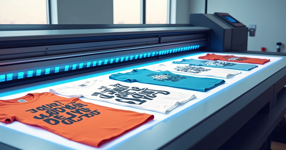 Impressão digital colorida em camisetas dispostas sobre uma mesa 
