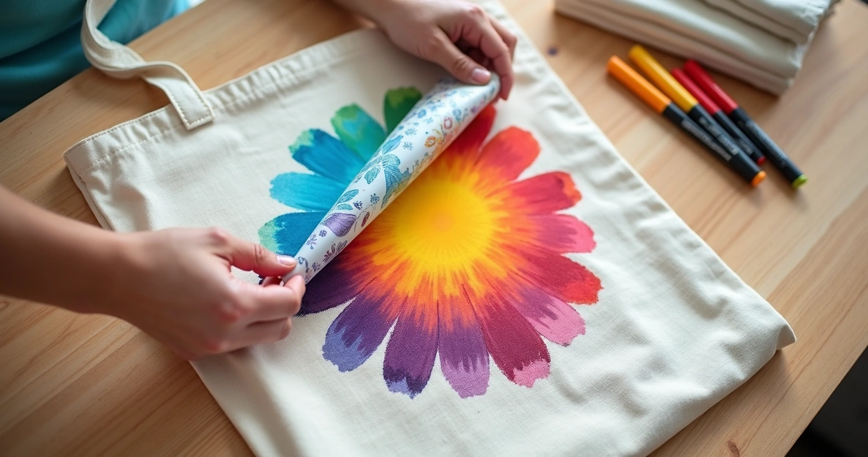 Estampa colorida sendo aplicada em ecobag de algodão cru 