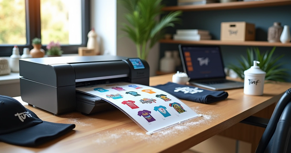 Mesa de estúdio com impressora DTF imprimindo filme com estampas coloridas e camisetas personalizadas ao redor 