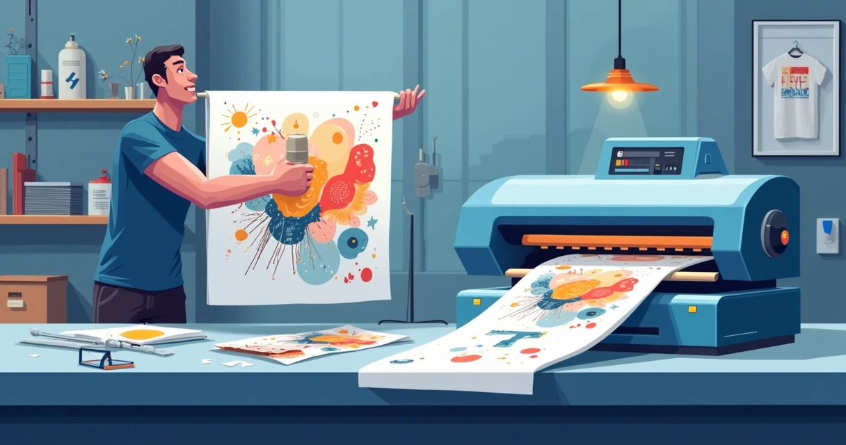 Processo de produção de estampa DTF, mostrando impressora, filme transfer e camiseta recebendo a arte transferida 