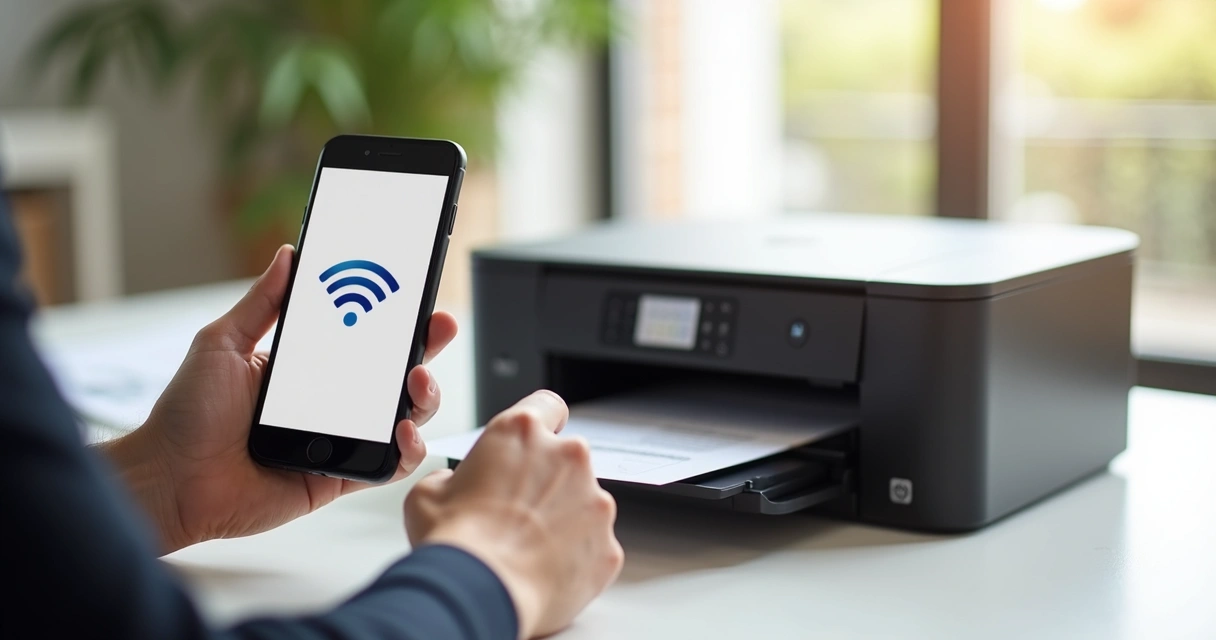 Pessoa usando smartphone para imprimir via Wi-Fi 