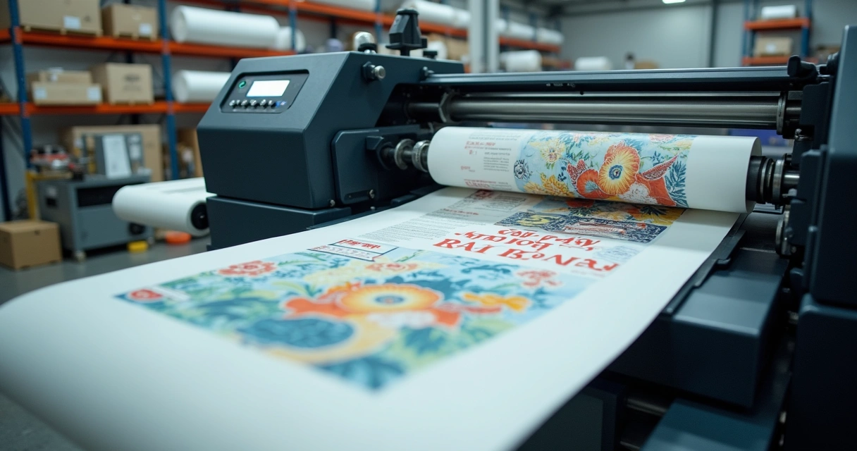 Impressora offset operando em fábrica de embalagens com folhas sendo coloridas