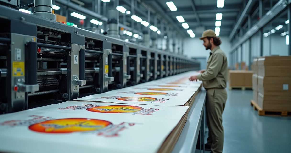 Linha de impressão offset produzindo embalagens coloridas em gráfica moderna 