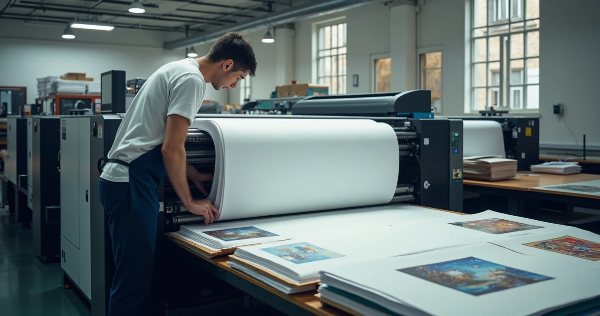 Trabalhador ajustando papel em máquina gráfica em oficina bem iluminada