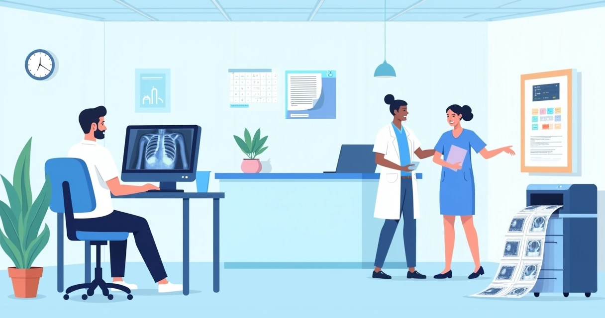 Ambiente de escritório médico com radiologista, impressora e paciente discutindo exames de imagem.
