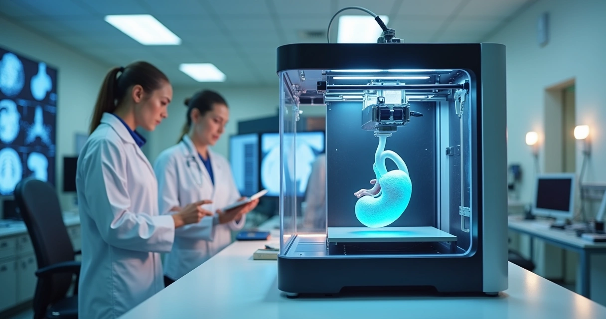 Impressora 3D produzindo modelo anatômico detalhado em ambiente hospitalar moderno 