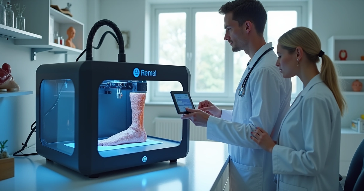 Impressora 3D produzindo prótese personalizada com detalhes tecnológicos em ambiente clínico moderno 