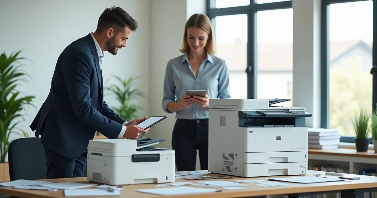 Impressora antiga sendo removida e substituída por multifuncional moderna em ambiente de escritório 