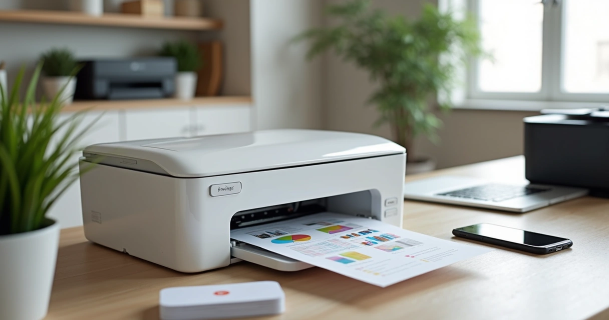 Usuário imprimindo documento em impressora multifuncional moderna sobre mesa organizada 