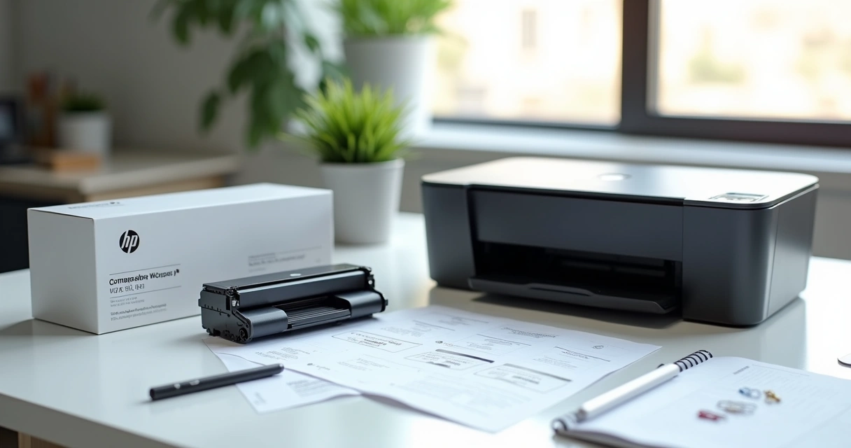Impressora ao lado de toner compatível sobre uma mesa de escritório 