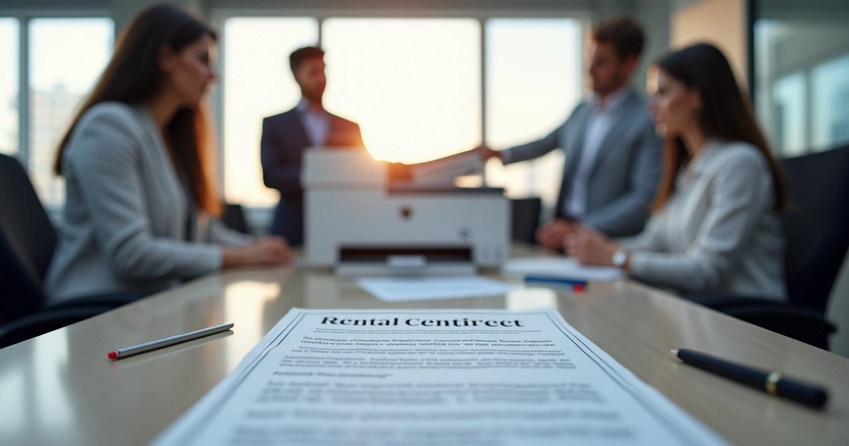 Multifuncional instalada em escritório moderno, contrato de aluguel sobre a mesa