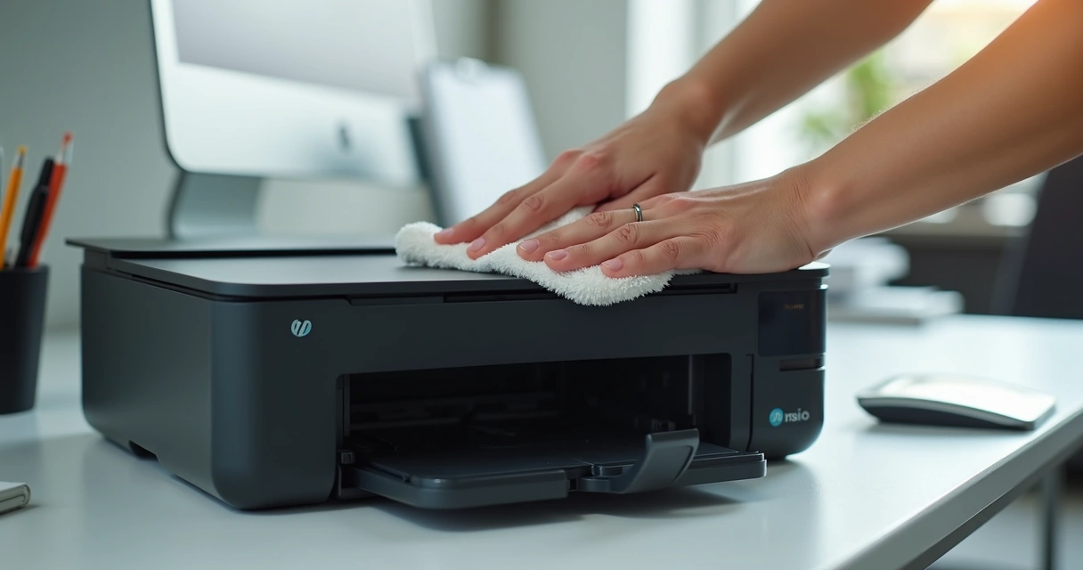 Pessoa limpando impressora com pano suave 