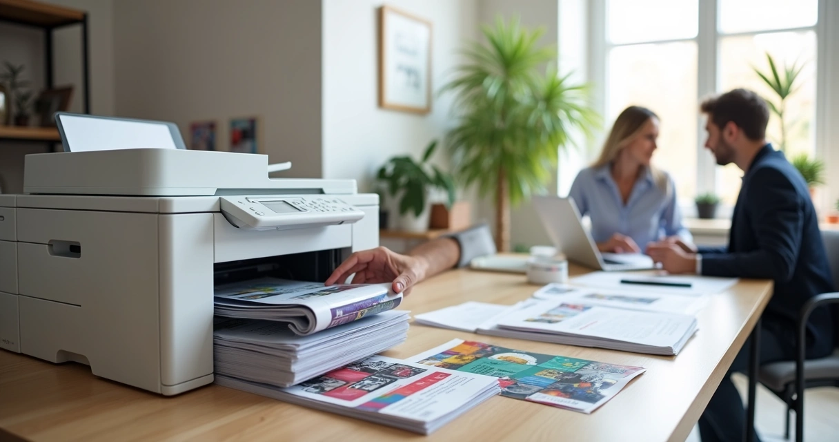 Impressora digital profissional em pequeno escritório com equipe trabalhando ao fundo 