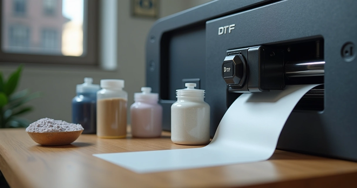 Impressora DTF, rolos de filme, tintas e potes de pó de poliamida em uma bancada 