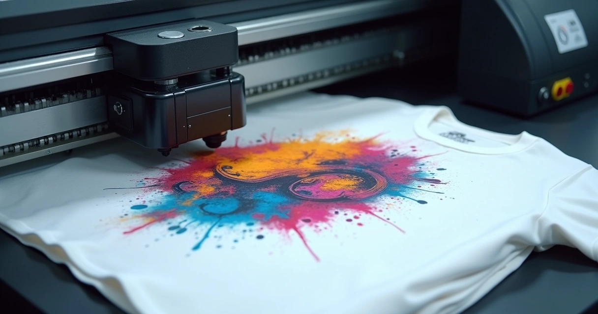 Máquina DTG imprimindo arte colorida em camiseta branca 
