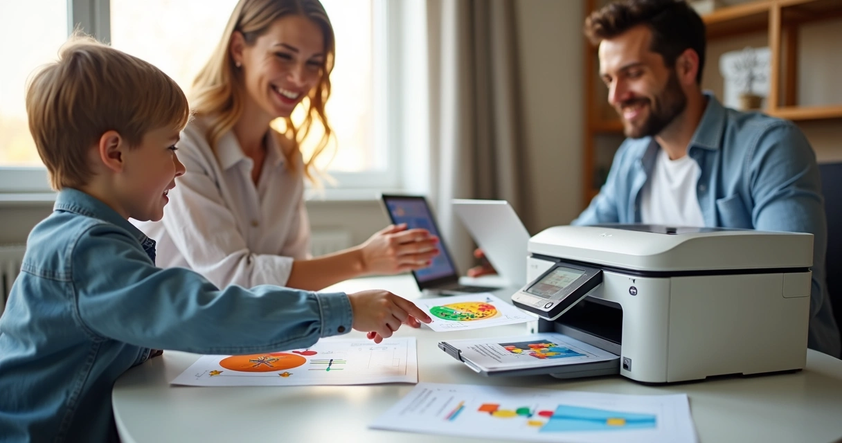 Família usando impressora multifuncional em casa 