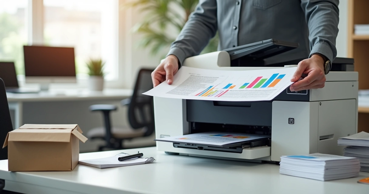 Funcionário avaliando folha impressa com gráficos coloridos ao lado de impressora no escritório 