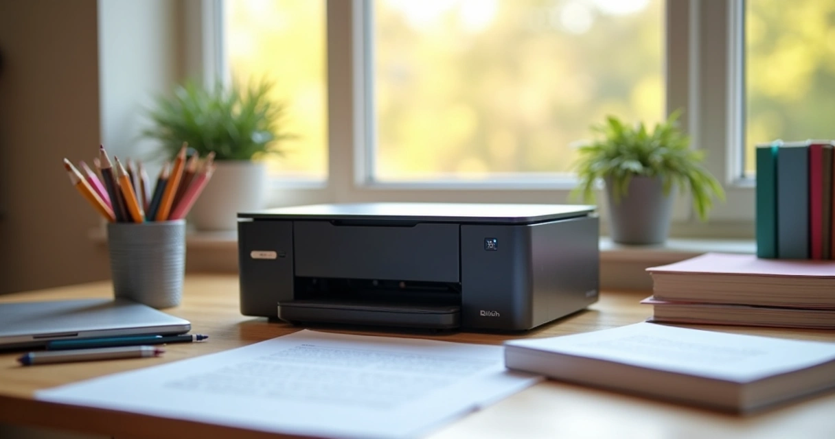 Impressora multifuncional compacta para estudantes, em ambiente doméstico 