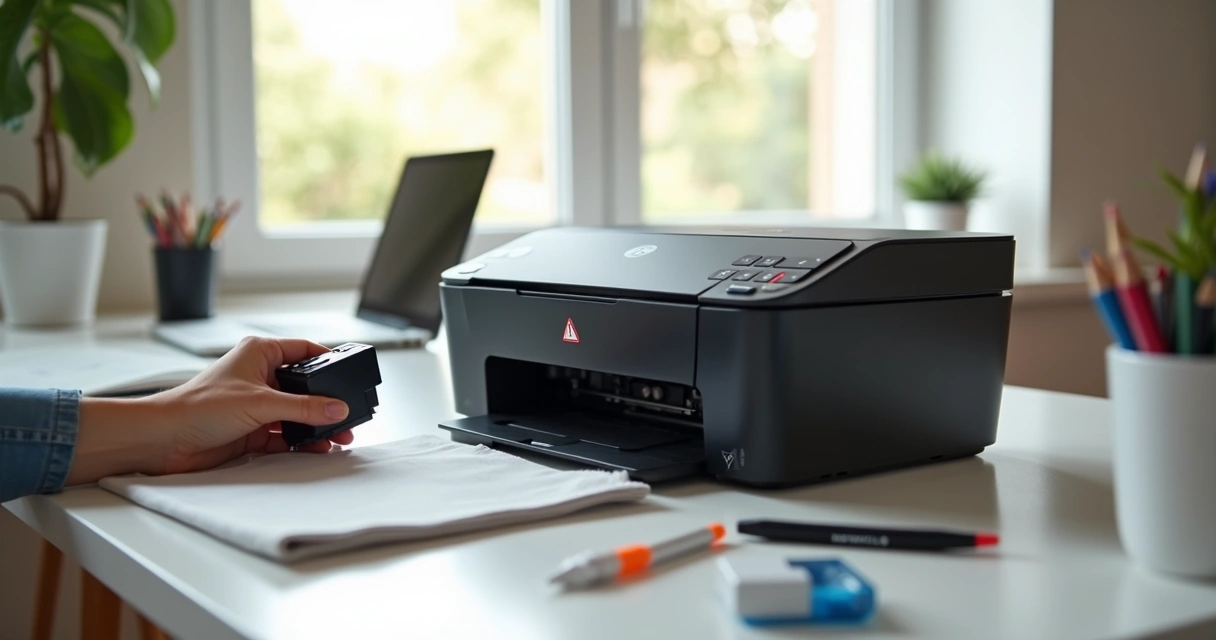 Mão segurando cartucho de tinta perto de impressora com painel mostrando erro 