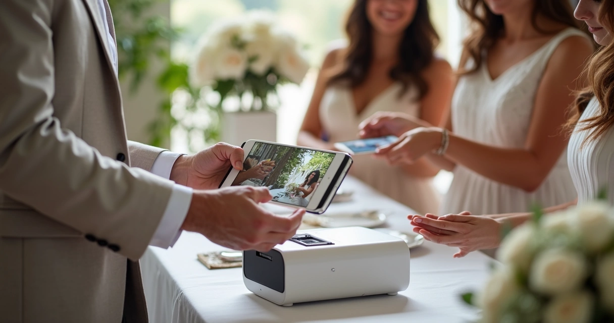 Fotógrafa usando impressora portátil em evento de casamento 