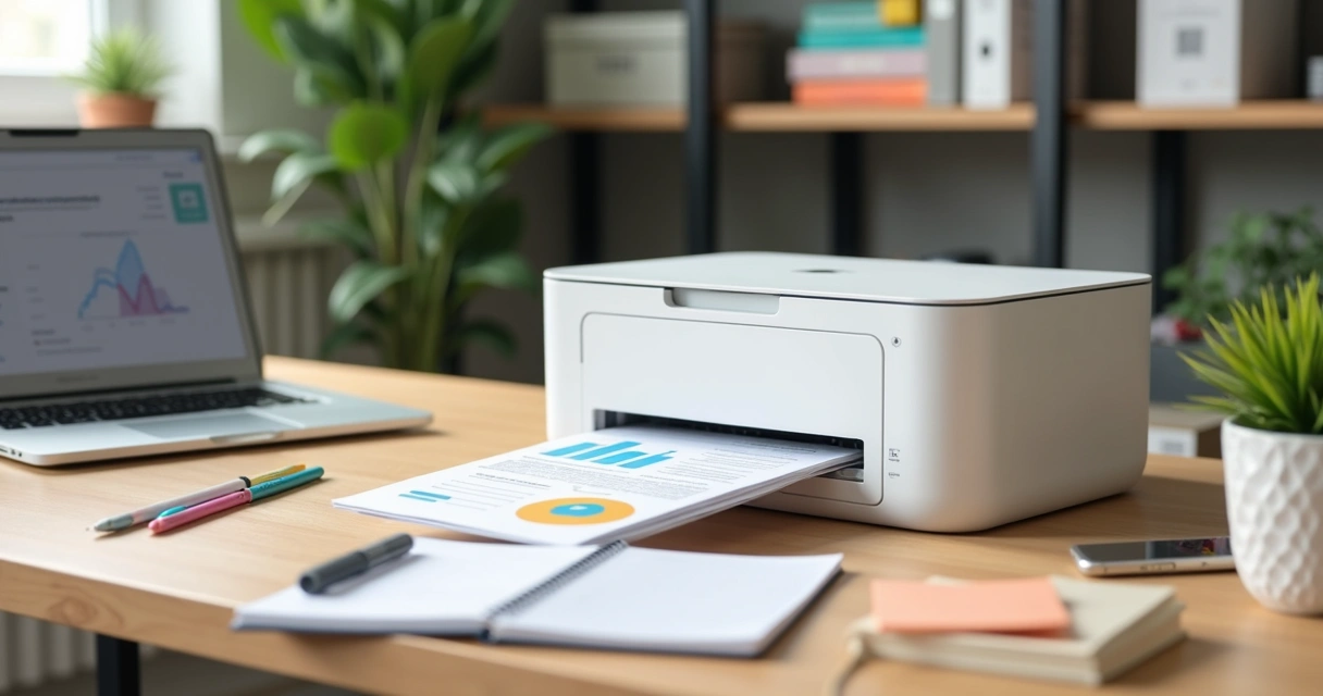 Impressora moderna em home office organizado com notebook e materiais de papelaria 