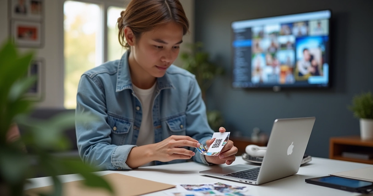 Pessoa usando impressora portátil para imprimir foto com QR Code de realidade aumentada 