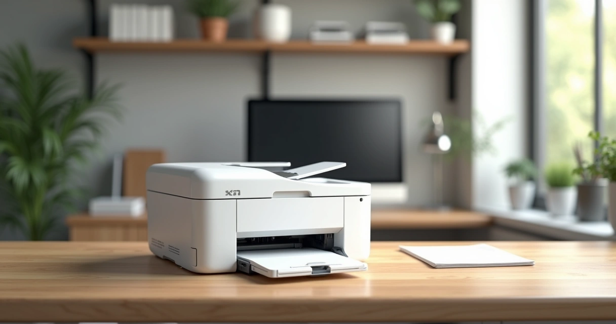 Impressora laser branca em escritório moderno 