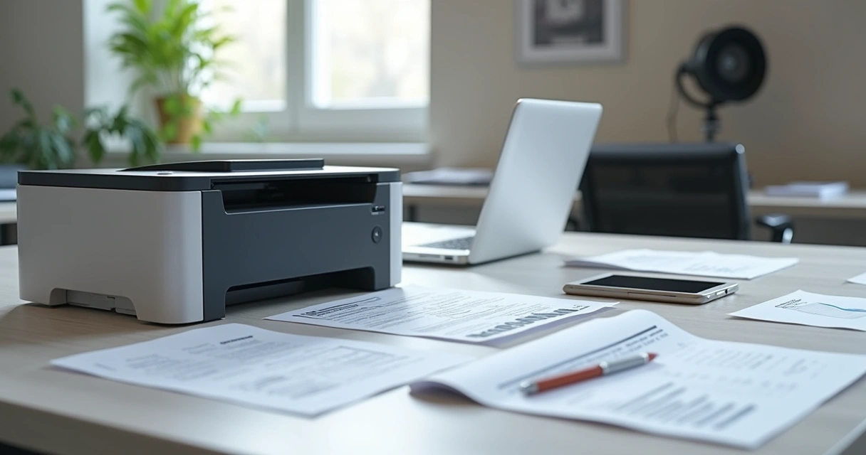 Impressora laser em ambiente de escritório moderno com documentos ao redor 