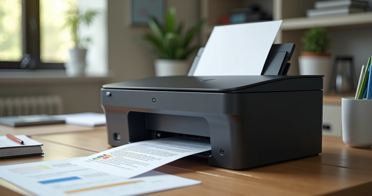 Impressora laser preta imprimindo documentos em mesa de escritório organizada 