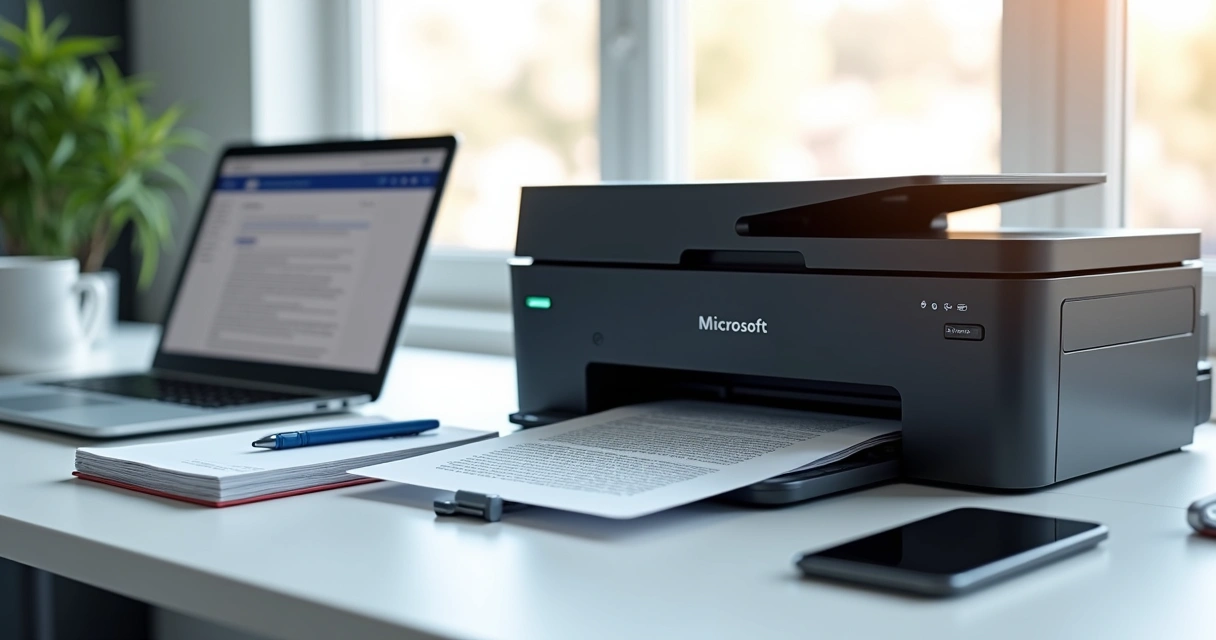 Impressora multifuncional moderna em escritório corporativo com documentos impressos e tela de computador mostrando Word 