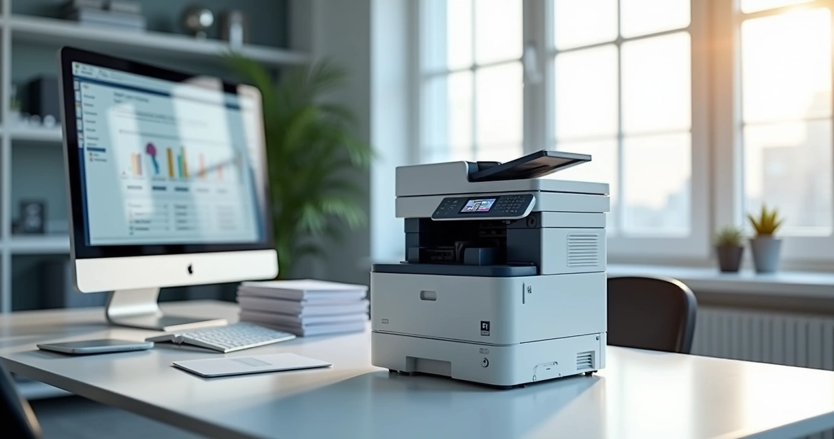 Impressora multifuncional moderna em escritório corporativo, com teclado, papéis e monitor ao fundo 