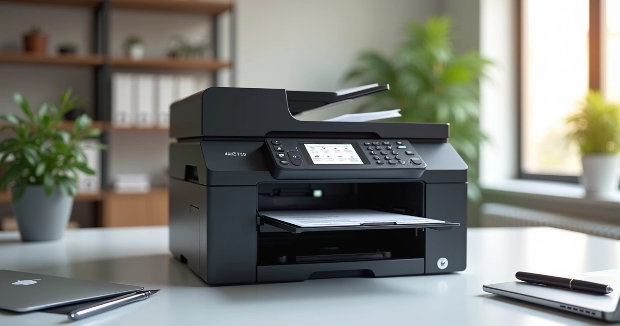 Impressora multifuncional moderna em ambiente de escritório com scanner e tela touchscreen 