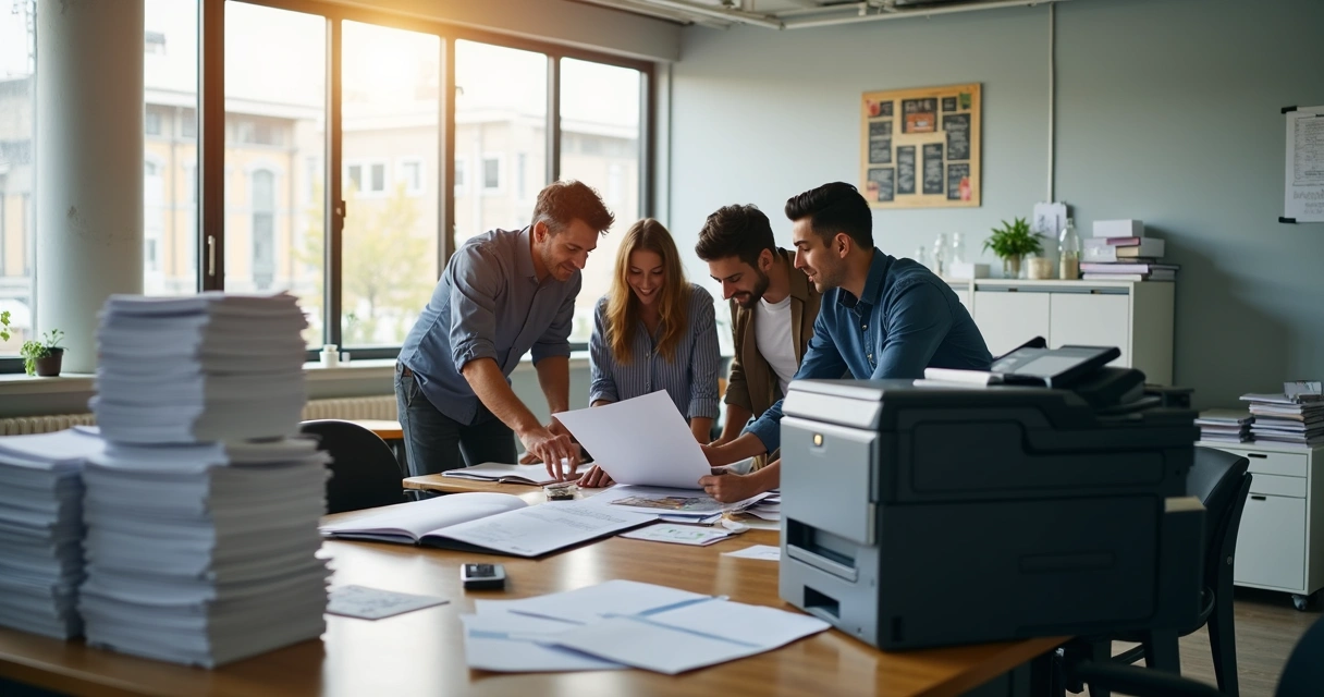 Pessoas em escritório analisando folha impressa ao lado de impressora 