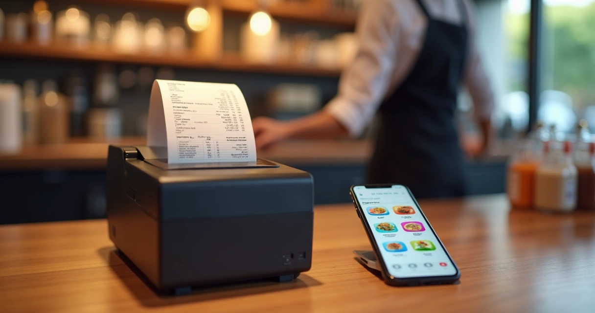 Impressora térmica de pedidos automáticos em restaurante com cardápio digital no celular ao lado 