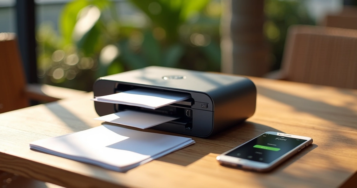 Impressora portátil sobre mesa com documentos impressos 
