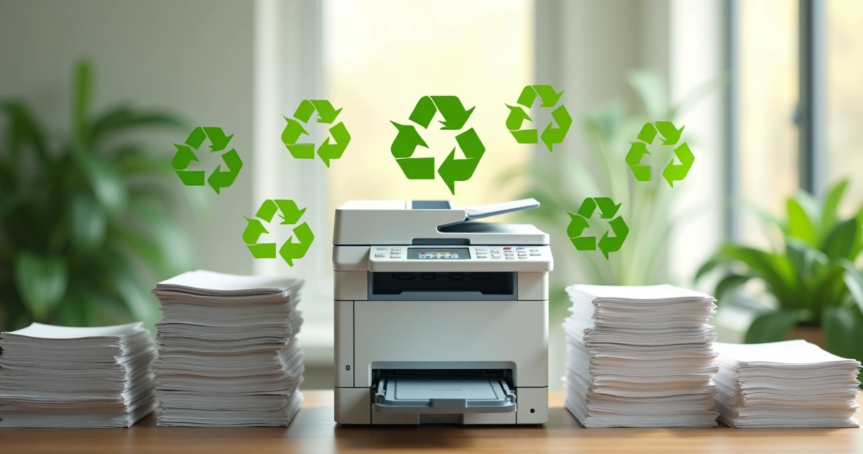 Impressora com símbolos verdes e papéis reciclados ao redor 