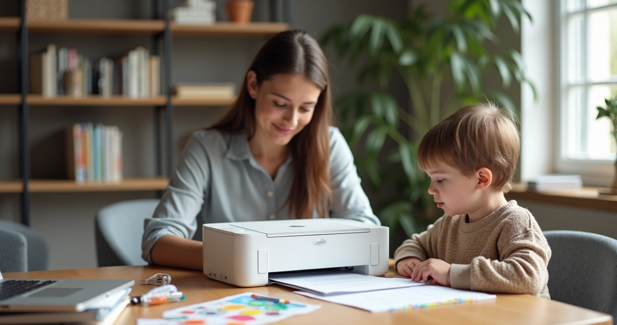 Família utilizando impressora tanque de tinta em mesa de escritório 