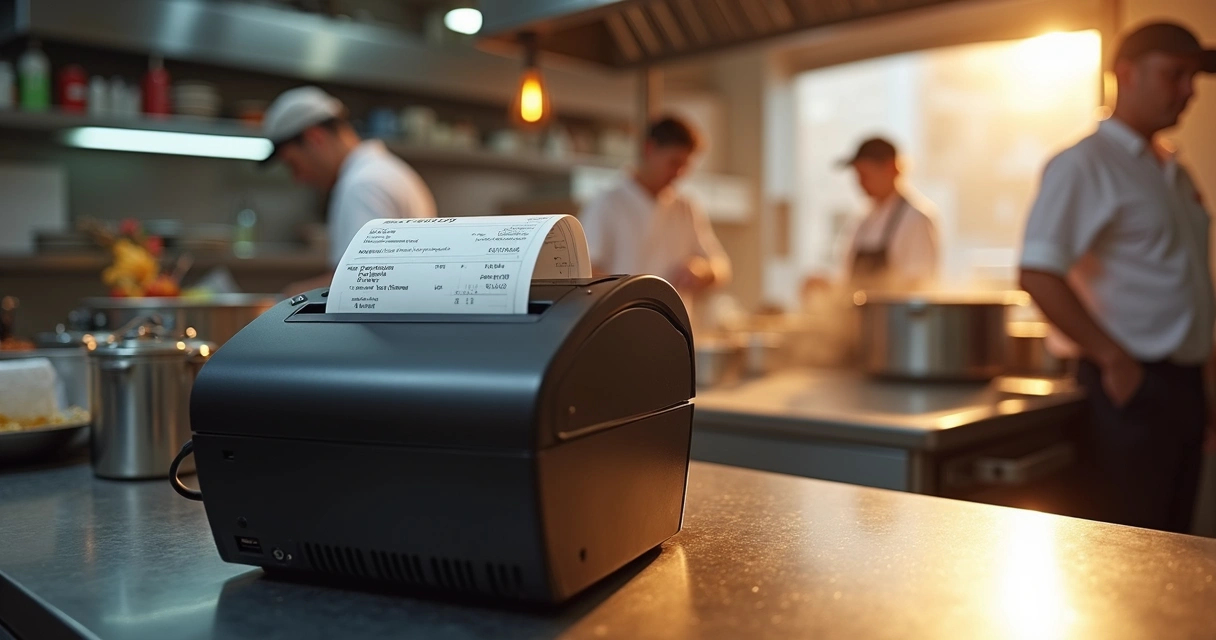 Impressora térmica de cozinha ao lado de pratos prontos