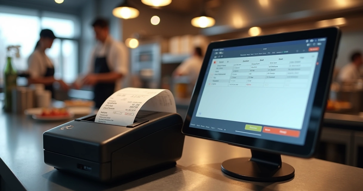 Impressora térmica em bancada de restaurante próximo a tablet com painel de pedidos 