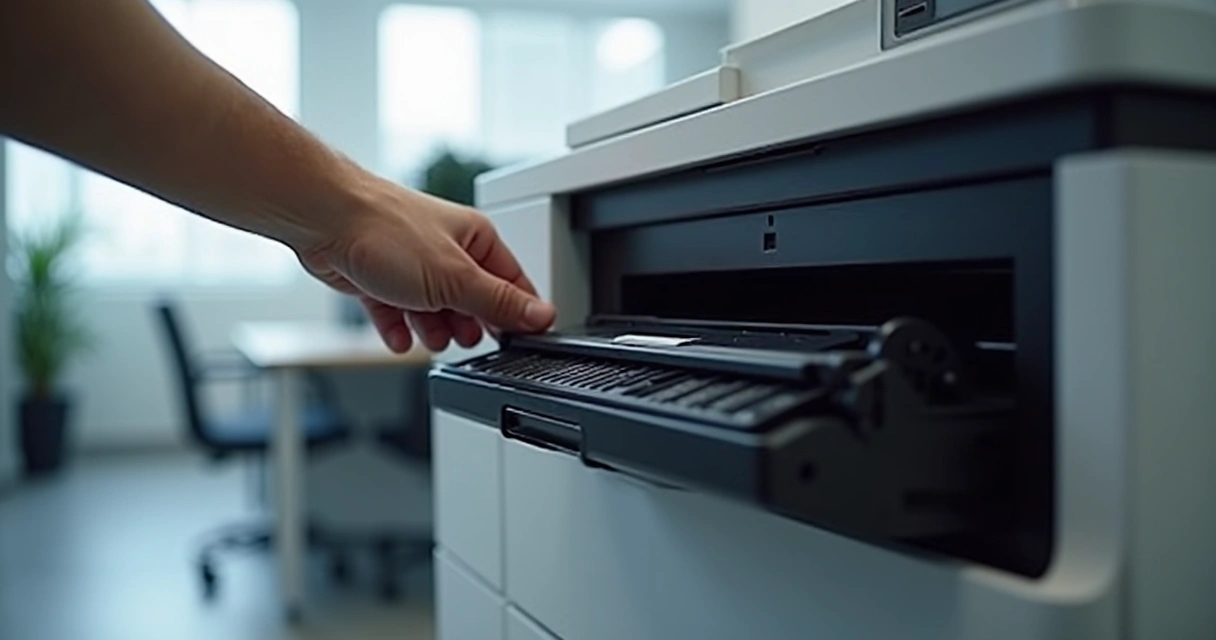 Vista lateral de uma impressora a laser aberta mostrando o cartucho de toner sendo posicionado 