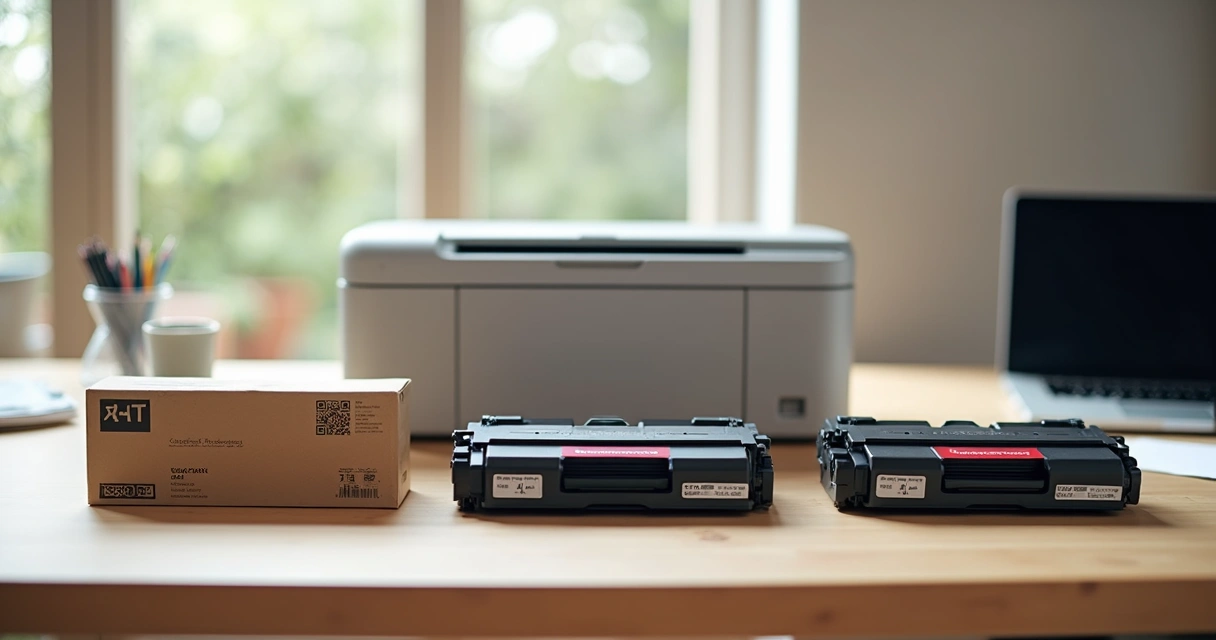 Mesa com impressora, toners originais e falsificados lado a lado 