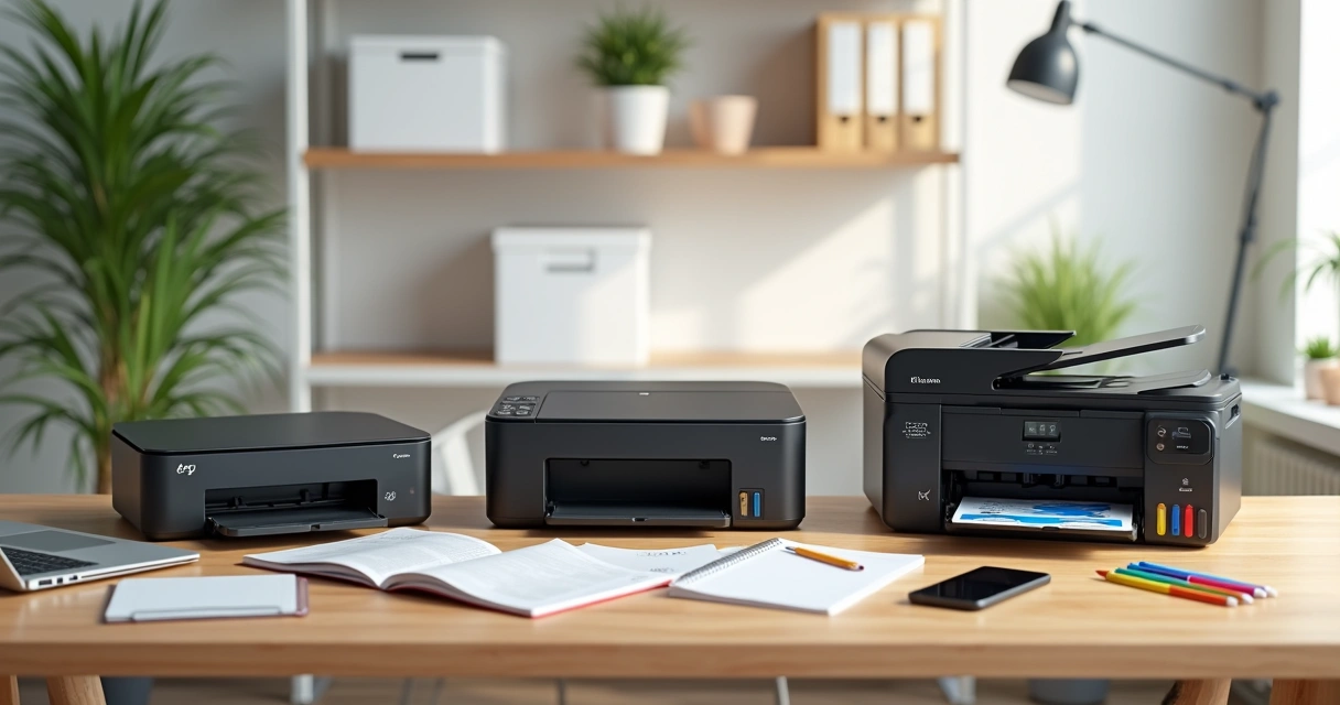 Impressoras econômicas modernas em mesa de escritório organizada com papelaria e laptop 