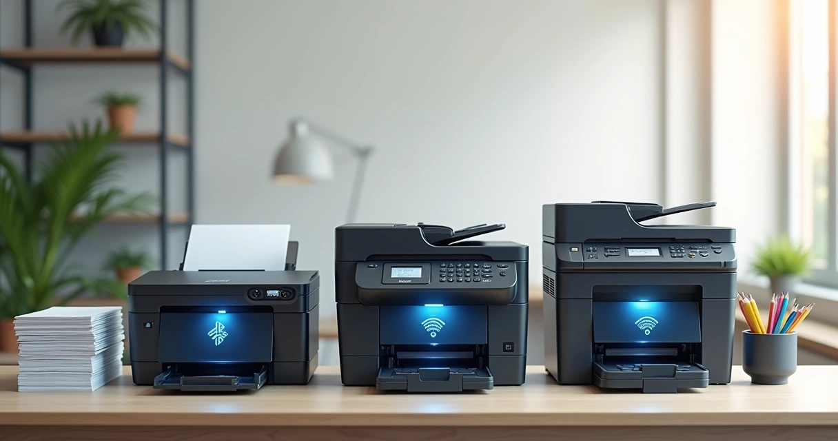 Vários modelos de impressoras econômicas em mesa de escritório com papel e suprimentos 