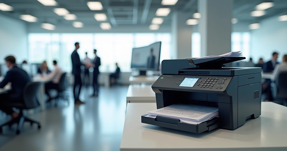 Impressora laser em escritório moderno com papéis saindo 