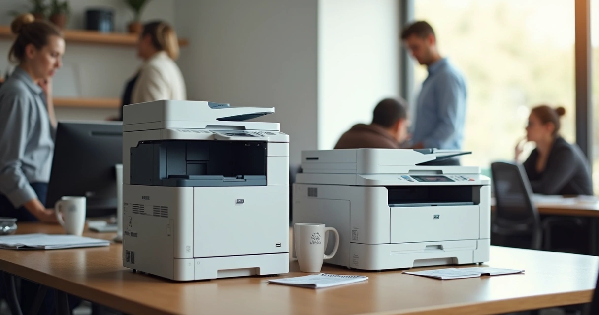 Duas impressoras modernas em um escritório bem iluminado 