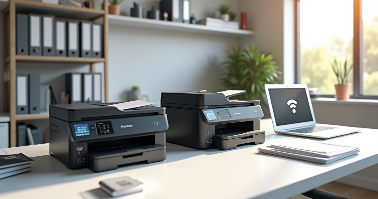 Impressoras a laser modernas em um ambiente de escritório organizado com mesa limpa, papéis e conectividade Wi-Fi ativa 