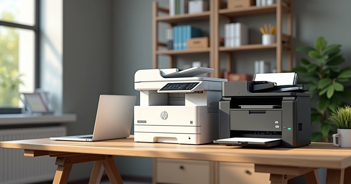 Impressoras multifuncionais e laser modernas em mesa de escritório organizada 